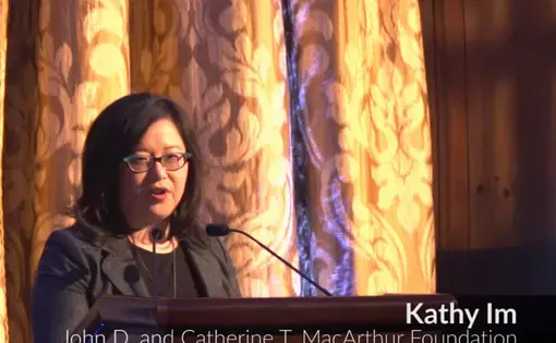 Kathy Im, the MacArthur’s Foundation's Director of Journalism and Media, speaks at the Pulitzer Center's 10th anniversary celebration. Image by Steve Sapienza. New York, 2016.