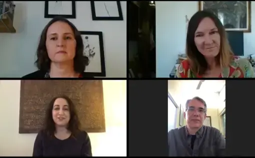 Lori Hinnant (top left), Julie Watson (top right), Tim Sullivan (bottom right), and Farnaz Fassihi (bottom left) discuss the Pulitzer Center-sponsored "Outsourcing Migrants" project. Image by Ethan Ehrenhaft. United States, 2020.