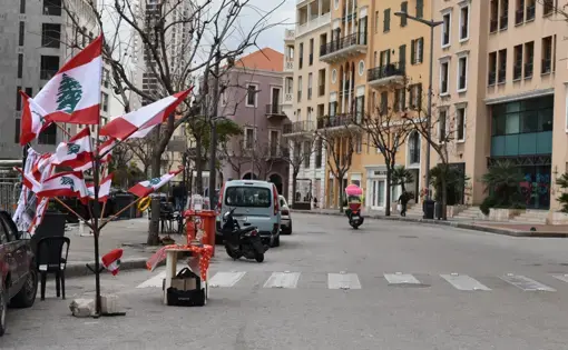 A street in downtown Beirut, Lebanon with Lebanese flags.