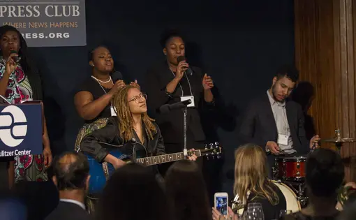 Indigo Passariello and her bandmates Ekep Nkwelle, Issayah Whitesides, Jillian Willis, and Jasmine Thomas. Passariello performed "Hands Up Don't Shoot." Image by Jin Ding. Washington, D.C., 2018.