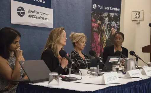 Property Rights panelists (left to right) LaShawn Jefferson, Amy Toensing, Paola Totaro, and Indira Sarma speak at the Pulitzer Center Gender Lens conference. Image by Jin Ding. United States, 2017.