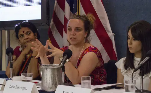 Panelists (from left to right) Chetna Gala Sinha, Jina Moore and Julia Boccagno focus on issues including labor migration, the status of transgender people in Thailand, and gender auditing in Rwanda during the panel on Labor &amp; Economics at the Pulitzer Center Gender Lens Conference. Image by Jin Ding. United States, 2017.