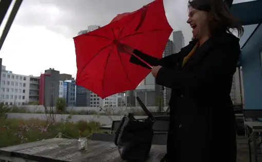 The wind blows the umbrella of Esther van Geloven, a Dutch government policy officer, at a rooftop garden in Rotterdam. Photo by Chris Granger, The Times-Picayune | The New Orleans Advocate. Netherlands, undated.