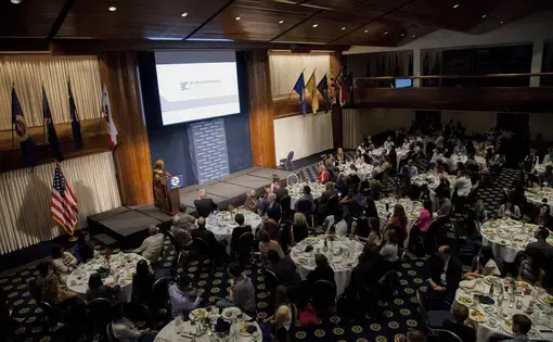 Keynote speaker Dr. Musimbi Kanyoro, President and CEO, Global Fund for Women, gives her remarks during the dinner program of the Pulitzer Center Gender Lens Conference at the National Press Club in Washington, D.C. Image by Jin Ding. United States, 2017.