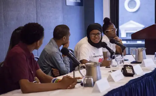 Nyla Brooks speaks on the "Youth Activists and the Media: Reporting on Gun Violence" panel. Image by Jin Ding. Washington, DC, 2018.