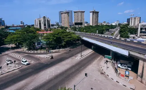Deserted roads around Victoria Island and CMS area of the state during the Covid19 lock down. Image by Olusegun Aderogba / Shutterstock.com. Nigeria, 2020.