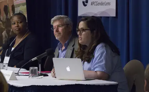 From left, Pulitzer Center Capital Campaign Director Joan Woods, Senior Editor Tom Hundley, and International Women's Media Foundation Senior Program Officer Ann Marie Valentine at the 2017 Pulitzer Center Gender Lens Conference workshop on pitching and funding proposals. Image by Jin Ding. United States, 2017.