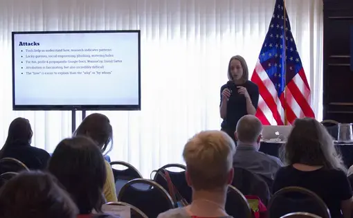 Runa Sandvik, director of information security for the newsroom at The New York Times, hosts a workshop in cyber security at the Pulitzer Center Gender Lens Conference. Image by Jin Ding. United States, 2017.