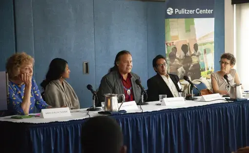 Tiokasin Ghosthorse speaks on the importance of language during the panel for Religion &amp; the Environment at the Beyond Religion Conference. Also present: (from left) Mary Evelyn Tucker, Kalyanee Mam, Mindahi C. Bastida Munoz, and Marianne Comfort. Image by Jin Ding. Washington, D.C., 2019.