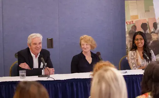 (From left to right) Tom Gjelten, Krista Tippett, and Krithika Varagur sharing a laugh during the workshops Q&amp;A session. Image by Jin Ding. Washington, D.C., 2019.