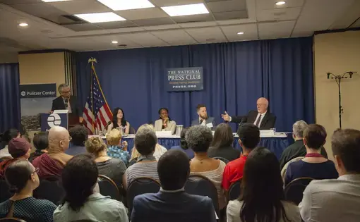 Fred de Sam Lazaro (far left) discusses religion and peacebuilding with Cathy Otten (second from left), Oge Onubogu (center), Danny Gold (second from right), and Shaun Casey (far right). Image by Jin Ding. Washington, D.C., 2019.