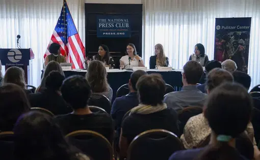 Pulitzer Center grantees discuss the intersectionality of gender and religion at the Beyond Religion conference. The panelists from left to right are: Winnie Varghese (moderator), Aarti Singh, Julia Canney, Sarah Aziza, and Ana Santos. Image by Jin Ding. Washington, D.C., 2019.