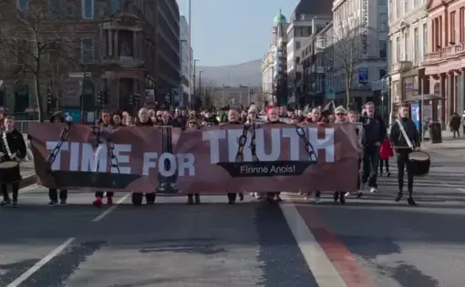 Families and supporters of the victims of the Ballymurphy massacre demonstrate in Belfast. Image courtesy of Callum Macrae.