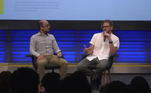 Dominic Bracco and Fareed Mostoufi discuss documentary filmmaking at National Geographic. Image by Claire Seaton. United States, 2019.