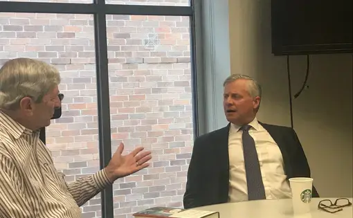 Marvin Kalb (left) asks Jon Meacham about his motivations behind writing The Soul of America: The Battle for Our Better Angels. Image by Kate Karstens. United States, 2018. 