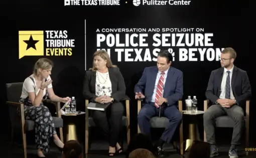 The panel at the June 20 Texas Tribune discussion on civil asset forfeiture. Image by The Texas Tribune. United States, 2019. 