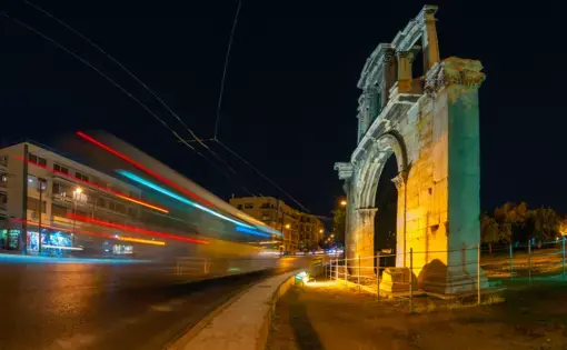 In the Arch of Hadrian at night. Image by Kostas Tsek / Shutterstock. Greece, undated.