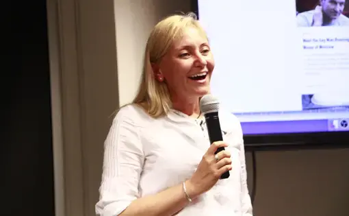 Anna Nemtsova discusses the HIV epidemic in Russia at the Pulitzer Center. Image by Kayla Edwards. United States, 2018.