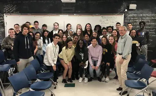 Bill Freivogel poses with students from Pattonville High School after their discussion about civil asset forfeiture. Maryland Heights, MO, 2019. Image courtesy Pattonville High School.