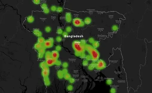 A heat map of drug killings in Bangladesh. Image by Siddharthya Roy. Bangladesh, 2018.