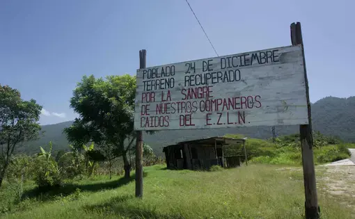 "Populated the 24th of December. Land Recovered through the blood of our fallen compañeros of the EZLN" [the Spanish acronym for the Zapatista National Liberation Army]. Image by Jared Olson. Mexico, 2018.