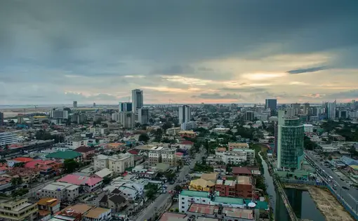 Aerial view of Victoria Island, Lagos, Nigeria. Image by Bolarzeal / Shutterstock. Nigeria, undated.