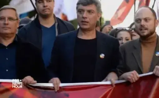 Vladminir Kara-Murza, Boris Nemsov, and Mikhail Kasyanov opposing Putin's government. Image from PBS Newshour.