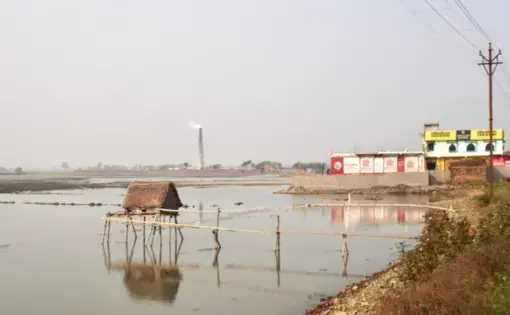 Paddy fields in the Indian Bengal Delta are converting to aquaculture and brick kilns, including in Minakhan a few hours from Kolkata. Commercial aquaculture is profitable but can leak saltwater into the surrounding soil. Brick kilns produce material for the expanding city; their number has expanded by 18% between 2010-11 and 2016-17 in the delta. Image by Vaishnavi Chandrashekhar. India, undated.