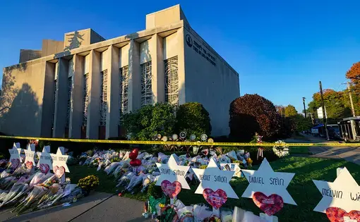 A makeshift shrine to the victims of Saturday's deadly shooting outside of Tree of Life synagogue in Pittsburgh. Image by Brendt A Petersen / Shutterstock.com. United States, 2018.