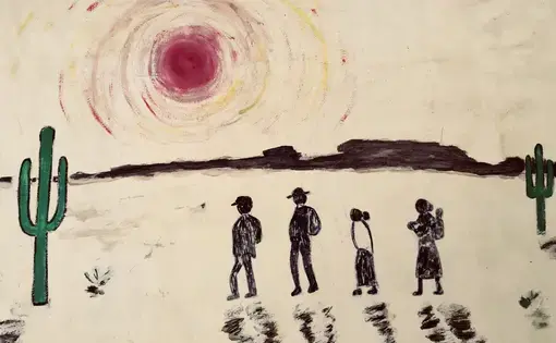 A painting of migrants by Sister Betty Campbell, at her home in Juárez. Image by Lily Moore-Eissenberg. Mexico, 2019.