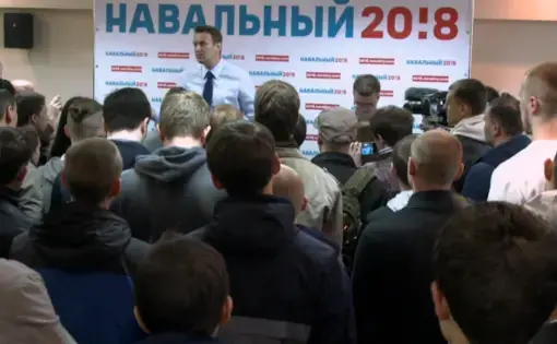 Alexei Navalny, Putin's opposition, at a campaign event. Image from PBS NewsHour. Russia, 2017.