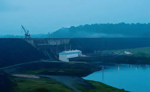 The Afrobaka Dam at dawn in Suriname on Sunday, March 12, 2017. Image by Stephanie Strasburg. Suriname, 2017.