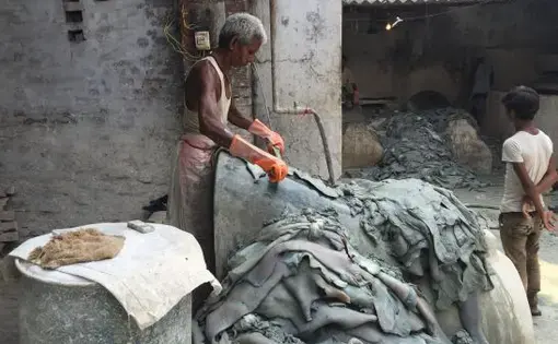 A worker sorts “wet blue” leather in a small tannery in Kanpur. Image by George Black. India, 2015.