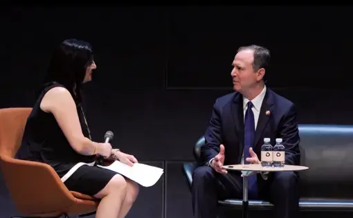 Indira Lakshmanan speaks to Congressman Schiff about U.S. leadership. Denmark, 2019.
