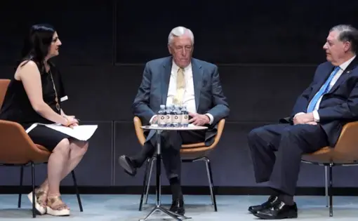 Congressmen Steny Hoyer (D) and Tom Cole (R) discussed the United State's role in promoting democracy and freedom with moderator Indira Lakshmanan. Denmark, 2019.