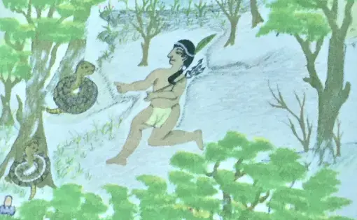 Stories passed down through generations share morals, history, and cultural norms. A commonly shared tale of a man and snake is depicted in this drawing by Ngäbe-Buglé community members. Image by Samira Tella. Costa Rica,&nbsp;2018.