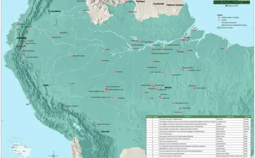 A map, designed by cartographer Marcos Brito, depicts all Rainforest Journalism Fund projects reported since the initiative's launch in 2018. Image by Jan Rocha. Brazil, 2019.