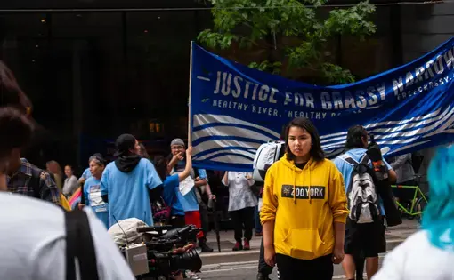 Jenae Turtle, a Grassy Narrows youth, at the June 20, 2019, River Run march. Canada, 2019. Image by Shelby Gilson.