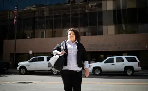 Attorney Taylor Levy in front of the Richard C. White federal building in El Paso on Wednesday. Image by Ivan Pierre Aguirre. United States, 2019.