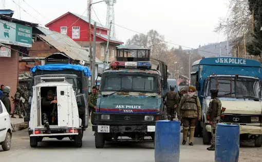 Clashes erupted after security forces killed two foreign militants who belonged to the Jaish-e-Mohammad outfit and were residents of Pakistan at Dooru area of Anantnag district on March 24, 2018. Image by Aasif Shafi / Shutterstock. India, 2018. Clashes erupted after security forces killed two foreign militants who belonged to the Jaish-e-Mohammad outfit and were residents of Pakistan at Dooru area of Anantnag district on March 24, 2018. Image by Aasif Shafi / Shutterstock. India, 2018.
