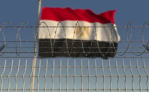 Blurred waving flag of Egypt behind barbed wire fence. Image by Novikov Aleksey. Undated.