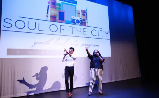 Student journalists lead the final presentations of the Soul of the City program. Image by Kate Karstens. United States, 2018.
