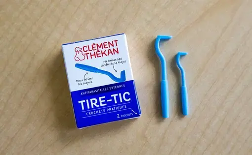 Tire-tics are available at many pharmacies in France and can be used to pull out attached ticks. Image by Jesse Costa/WBUR. France, 2017.