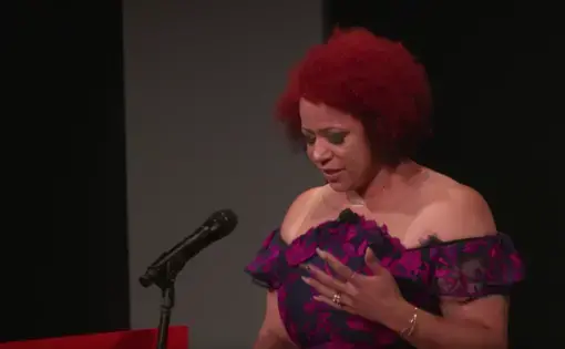 Nikole Hannah-Jones speaks about the conception of 'The 1619 Project.' Screenshot from video. United States, 2019.