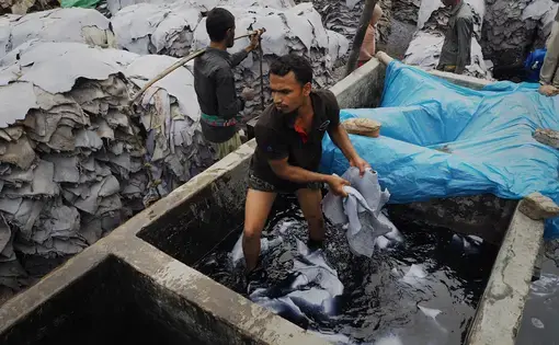 A worker uses his bare hands to remove hide from an alkali bath.