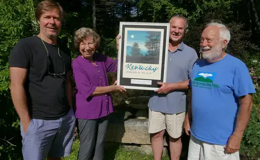 German documentary  director Jörg Daniel Hissen mets with Leverett, Mass. group members. Image by Frank Lehmann. United States, 2018.