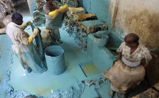 Workers at a tannery near Vellore, India, are awash in "wet blue," a solution of chromium sulfate and water.