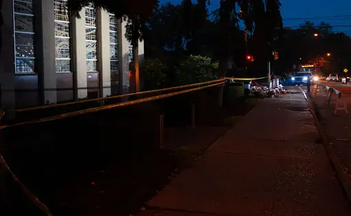 Daybreak outside of the Tree of Life synagogue in Pittsburgh following the 2018 mass shooting. Image by Brendt A Petersen / Shutterstock.com. United States, 2018.