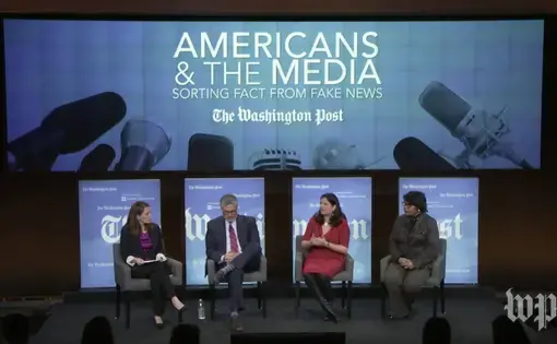 Pulitzer Center Executive Editor Indira Lakshman speaks President Trump's use of the term "Fake News." Screenshot from a Washington Post video stream. United States, 2018.