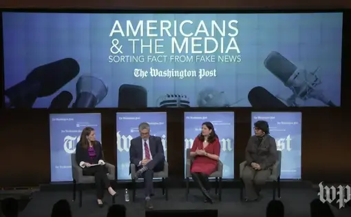 Pulitzer Center Executive Editor Indira Lakshman speaks President Trump's use of the term &quot;Fake News.&quot; Screenshot from a Washington Post video stream. United States, 2018.